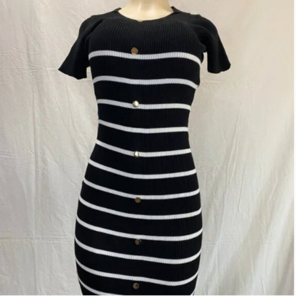 Nali Collection Black & White Striped Ribbed Midi Dress-S/M